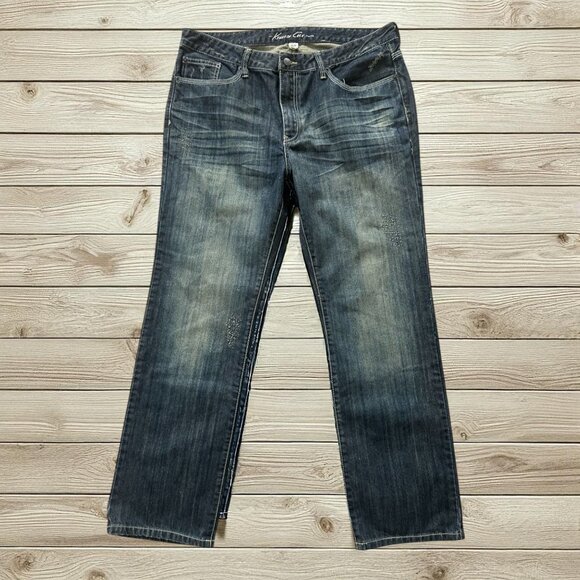 KENNETH COLE Dark Wash Distressed Straight Leg Jeans Size 36 X 30 - Picture 1 of 15
